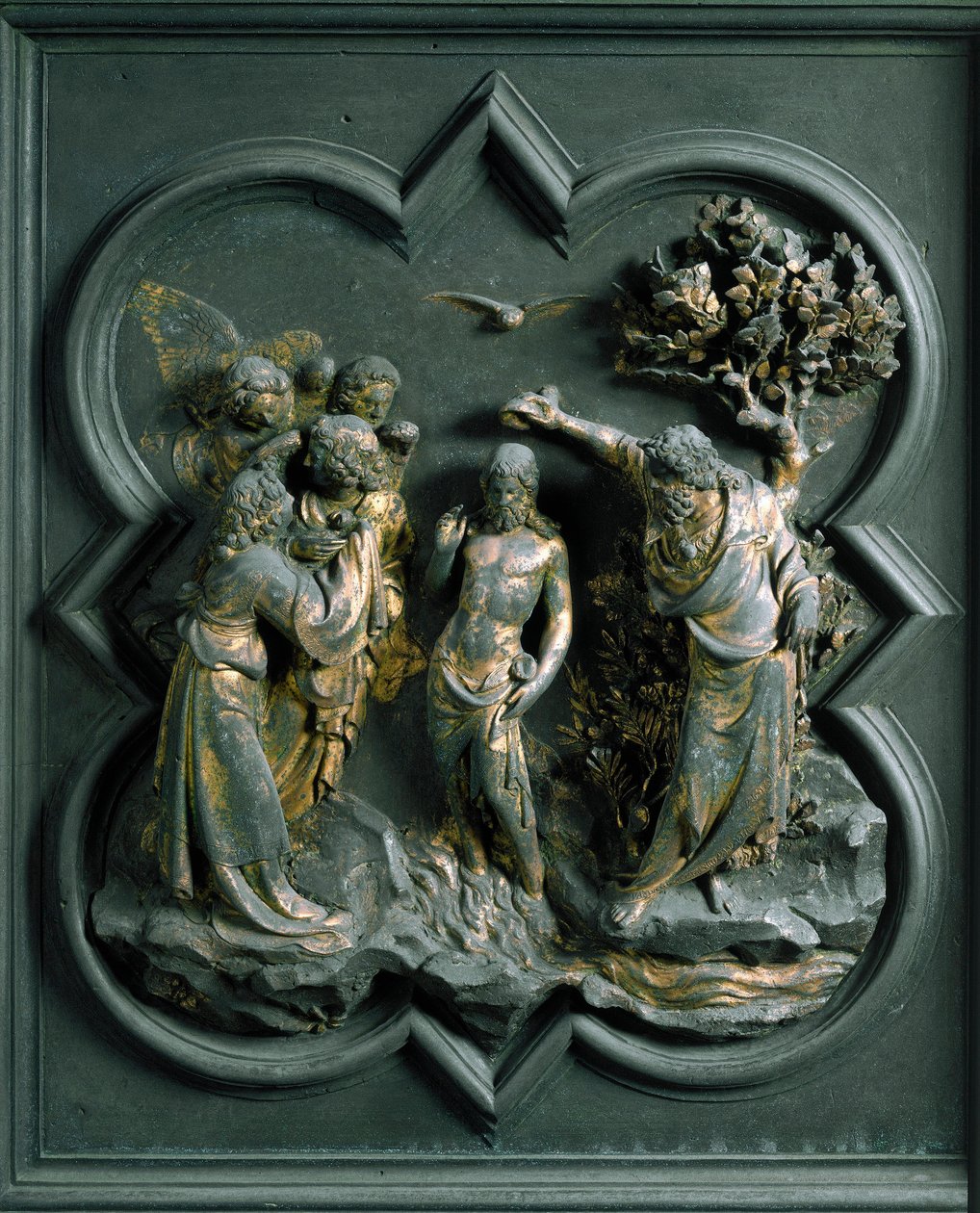 North Porte (kallad Gate of the Cross, i norr), exteriör detalj: "" Kristi dop"" Bronsskulptur gjord av Lorenzo Ghiberti (1378-1455) av Lorenzo Ghiberti