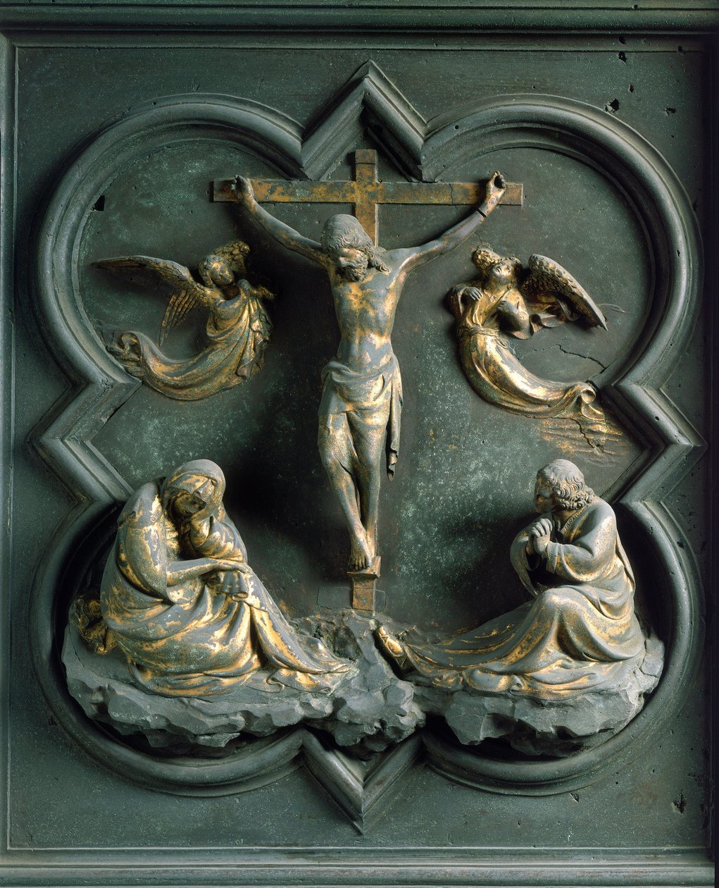 North Porte (kallad Gate of the Cross, i norr), exteriör detalj: "" crucifixion"" Bronsskulptur gjord av Lorenzo Ghiberti (1378-1455) av Lorenzo Ghiberti