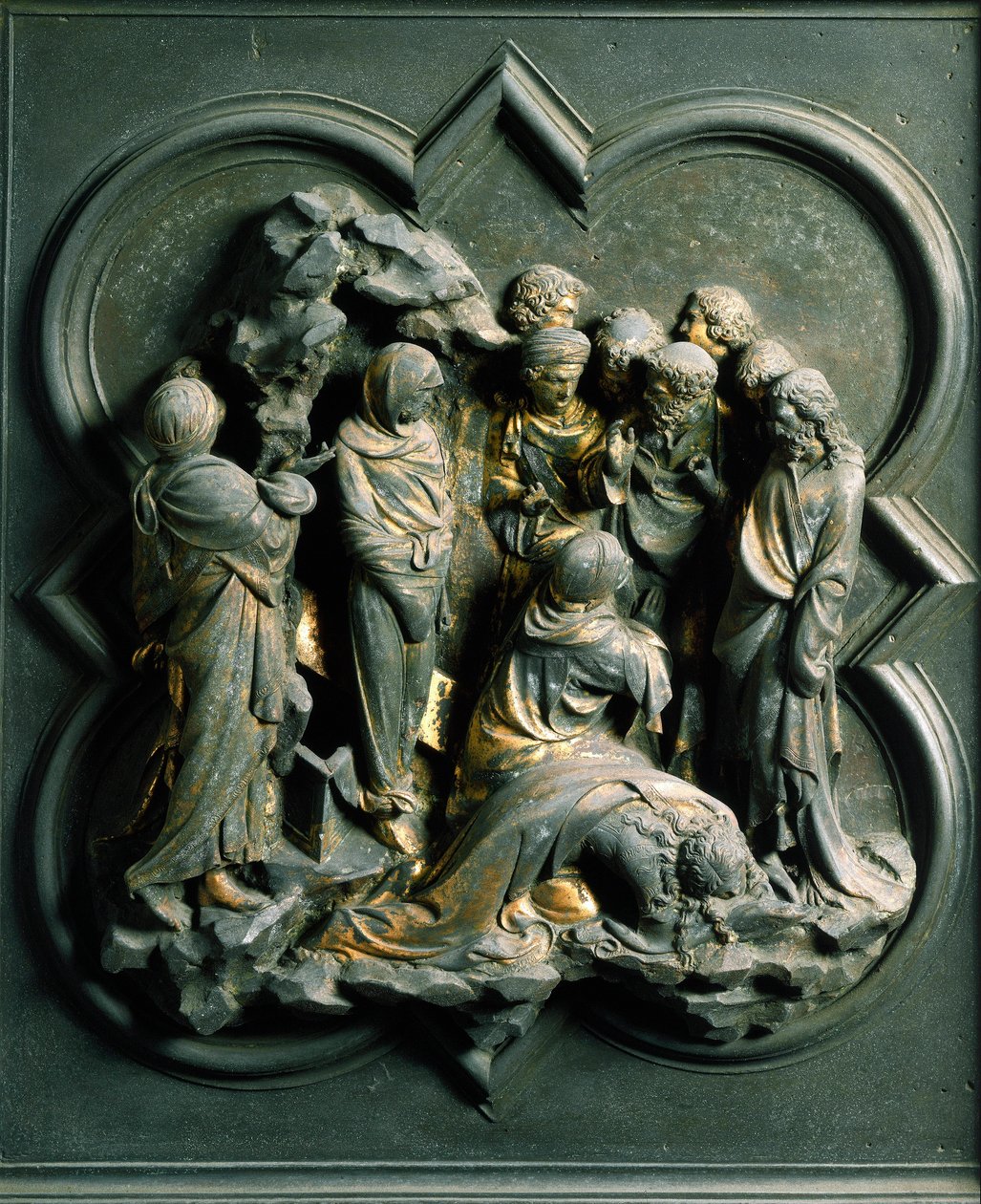 North Porte (kallas Gate of the Cross, i norr), exteriör detalj: "" Lazarus uppståndelse""" Bronsskulptur gjord av Lorenzo Ghiberti (1378-1455) av Lorenzo Ghiberti