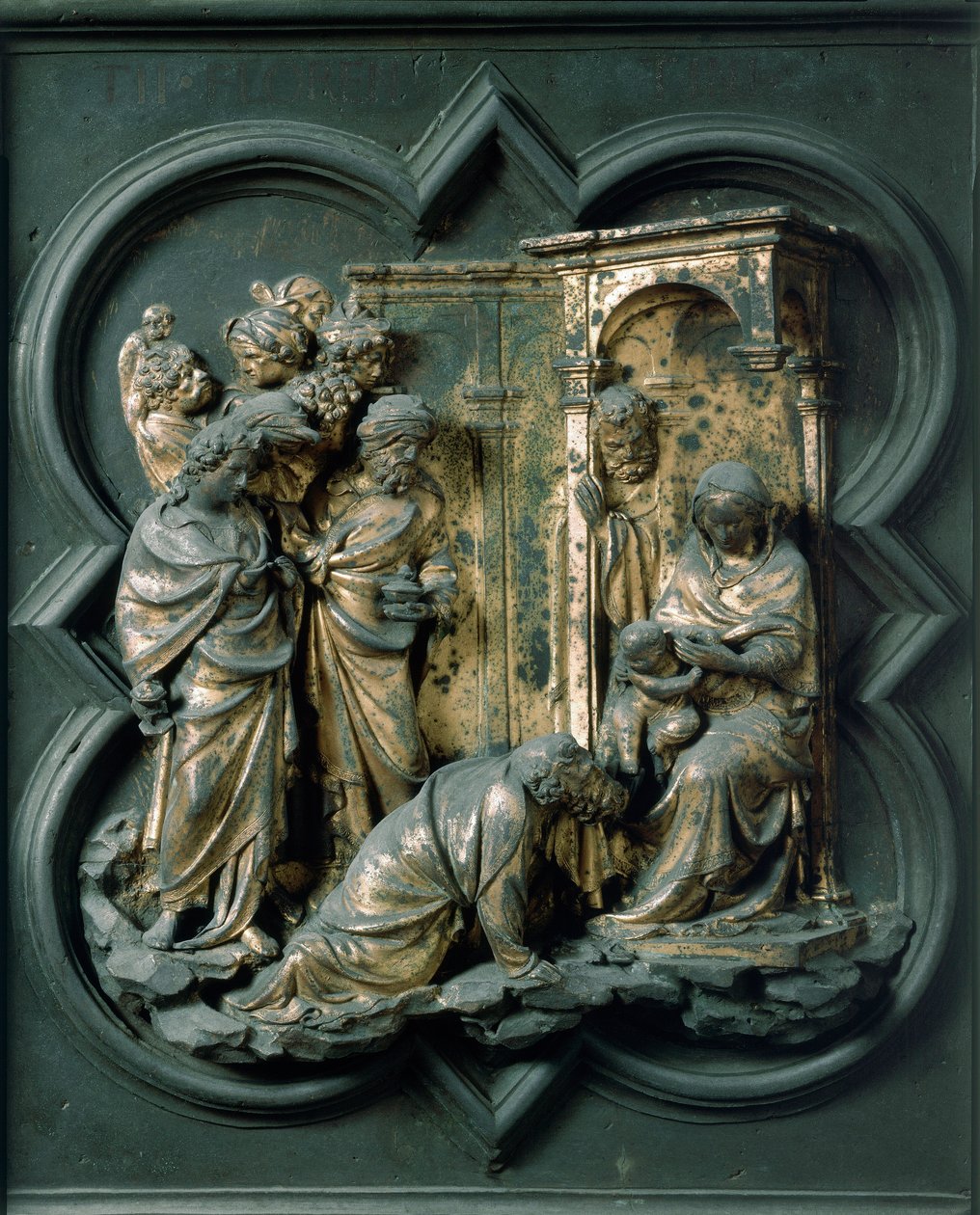 North Porte (kallad Gate of the Cross, till norr), exteriör detalj: Adoration of the Magi. Bronsskulptur gjord av Lorenzo Ghiberti (1378-1455) av Lorenzo Ghiberti