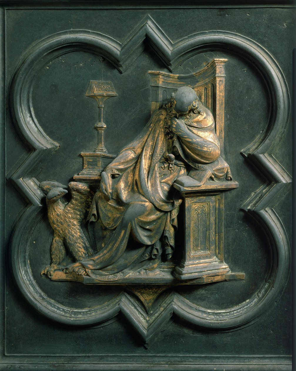 North Porte (kallad Gate of the Cross, mot norr), exteriör detalj: Saint John Evangelist. Bronsskulptur gjord av Lorenzo Ghiberti (1378-1455) av Lorenzo Ghiberti