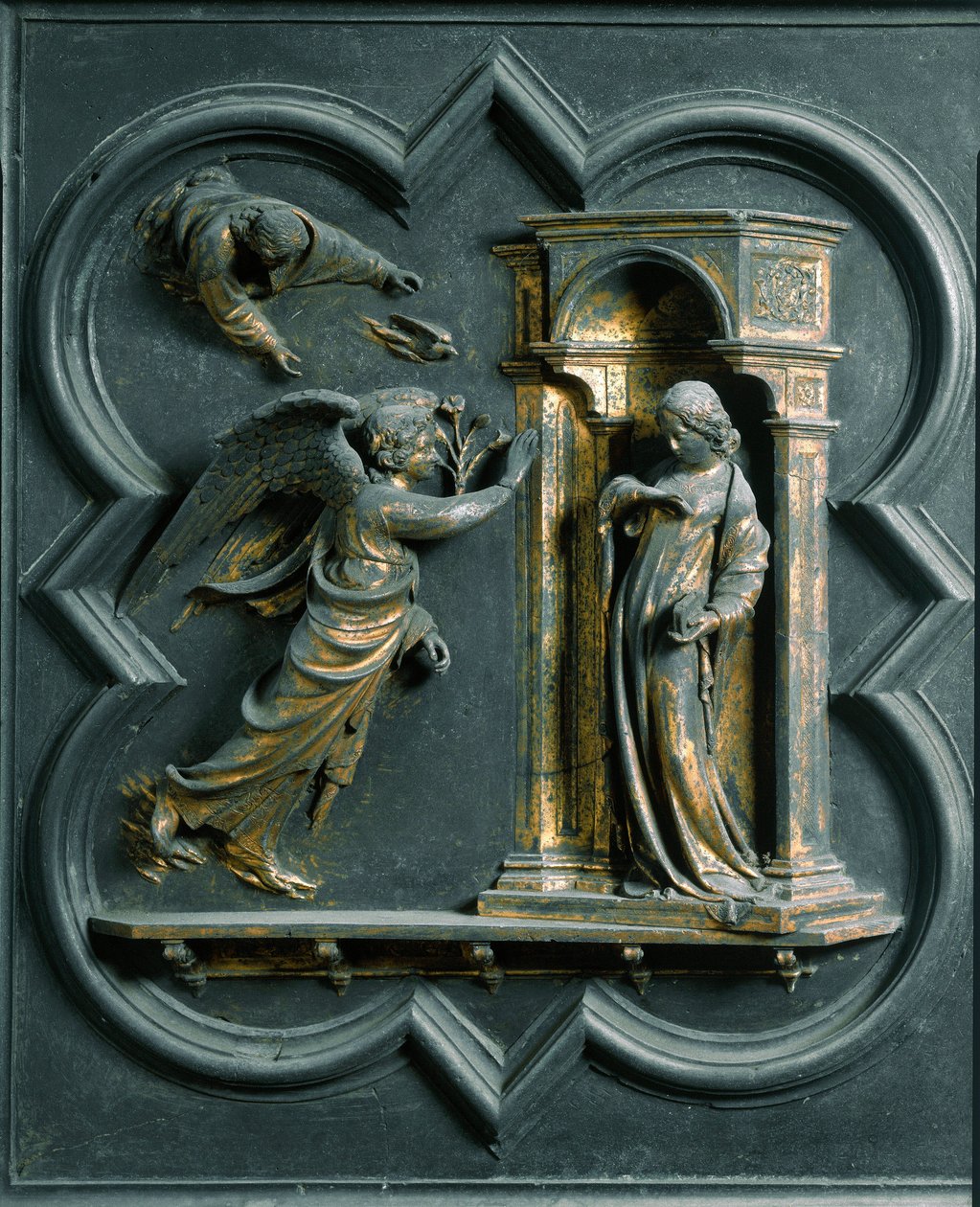 North Porte (kallad Gate of the Cross, i norr), exteriör detalj: bebådelsen. Bronsskulptur gjord av Lorenzo Ghiberti (1378-1455) av Lorenzo Ghiberti