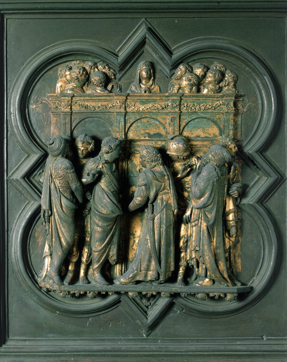 North Porte (kallad Porte de la Croix, i norr), exteriördetalj: "" Pentecote"" Bronsskulptur gjord av Lorenzo Ghiberti (1378-1455) av Lorenzo Ghiberti