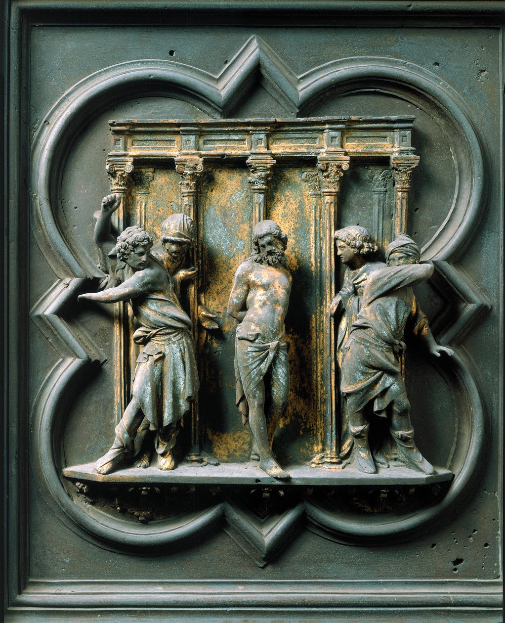 North Porte (kallad Porte de la Croix, i norr), exteriördetalj: "" la flagellation"" Bronsskulptur gjord av Lorenzo Ghiberti (1378-1455) av Lorenzo Ghiberti