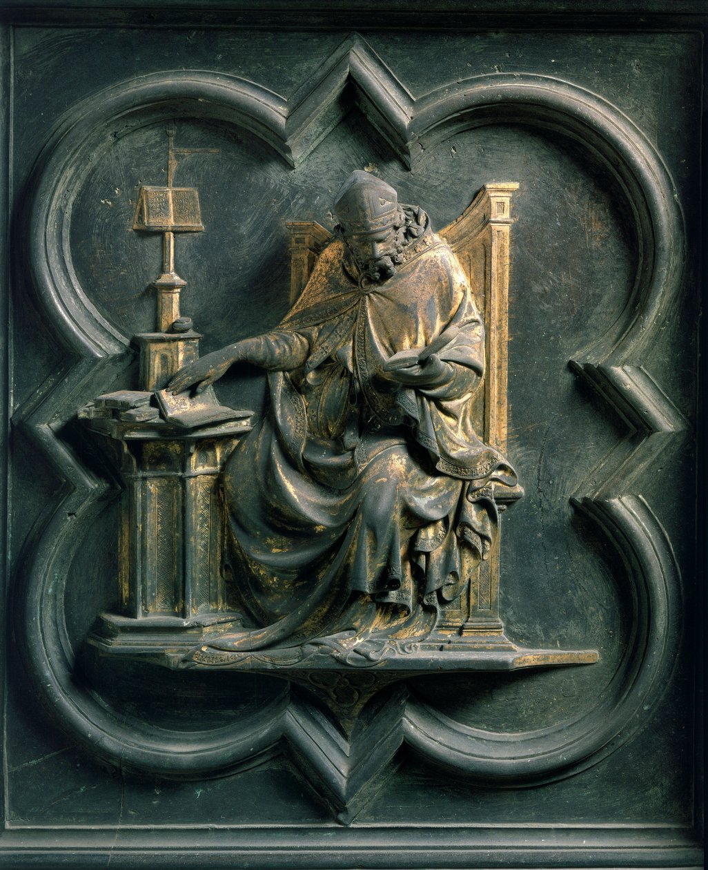 Norra porten (kallad Porte de la Croix, norr), exteriördetalj: Saint Ambrose. Bronsskulptur utförd av Lorenzo Ghiberti (1378-1455). av Lorenzo Ghiberti
