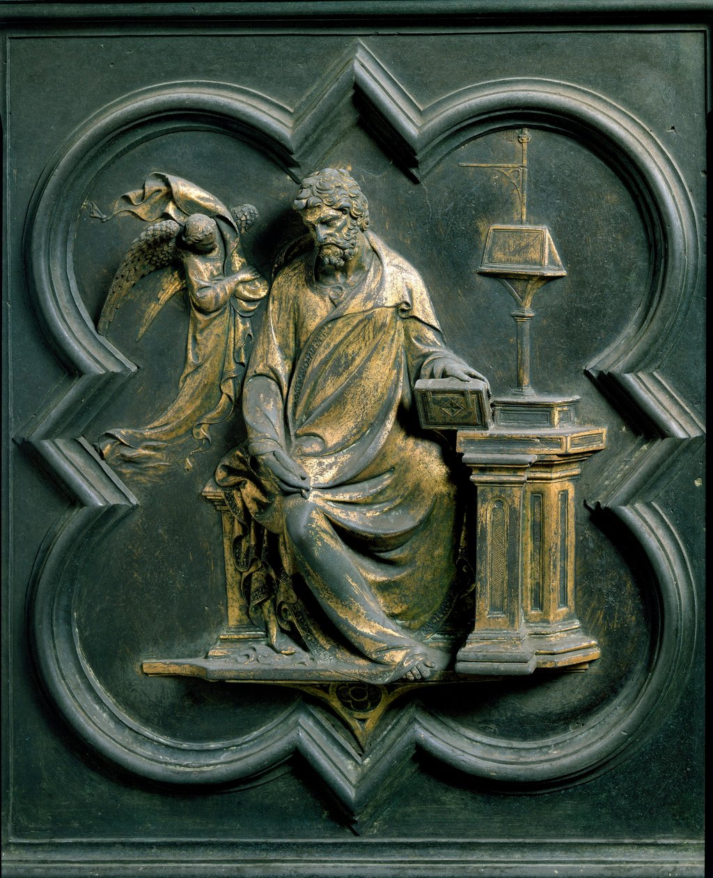 North Porte (kallad Porte de la Croix, i norr), exteriör detalj: Saint Mathieu. Bronsskulptur gjord av Lorenzo Ghiberti (1378-1455) av Lorenzo Ghiberti
