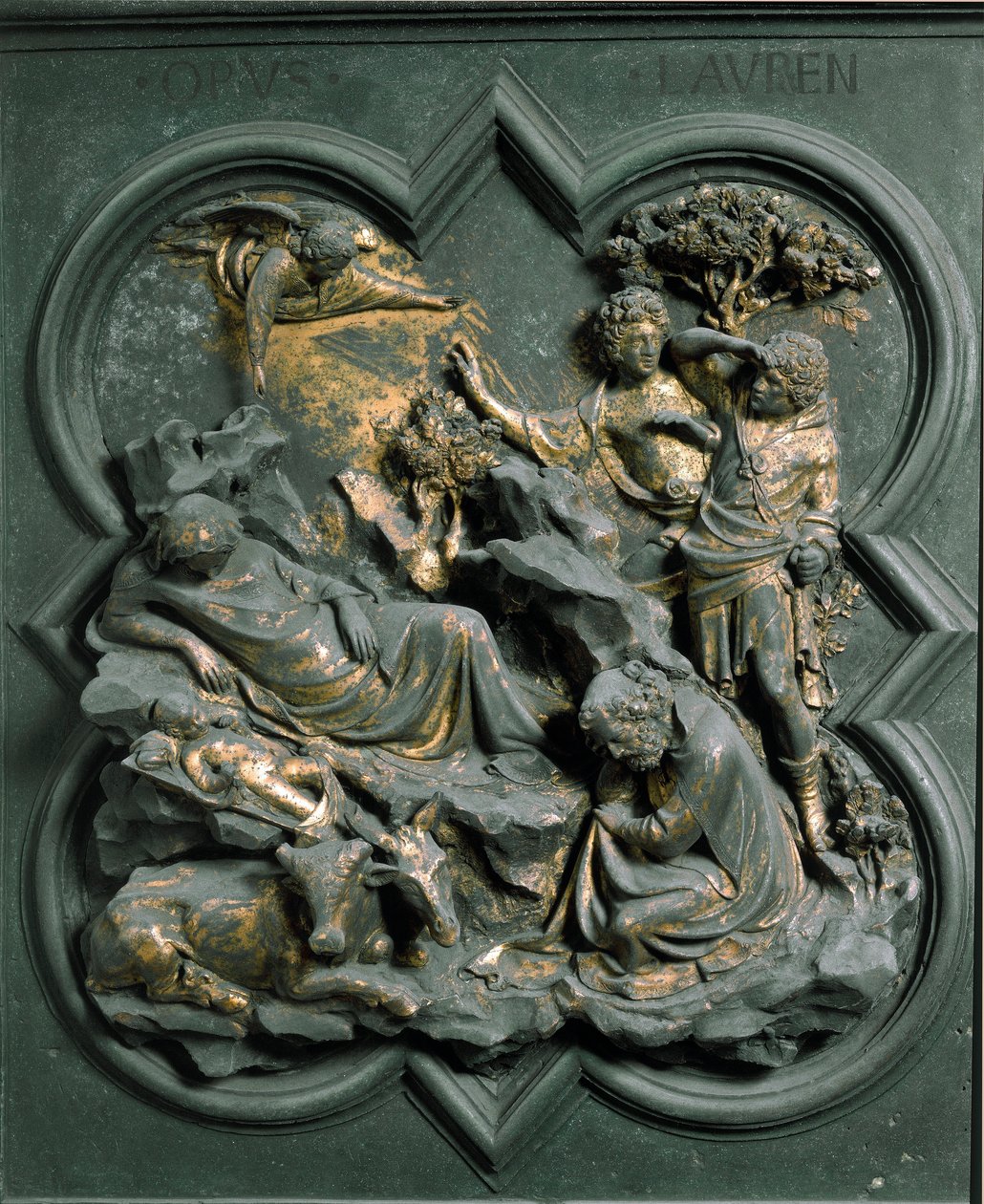 North Porte (kallad Porte de la Croix, i norr), exteriör detalj: Nativiten. Bronsskulptur gjord av Lorenzo Ghiberti (1378-1455) av Lorenzo Ghiberti