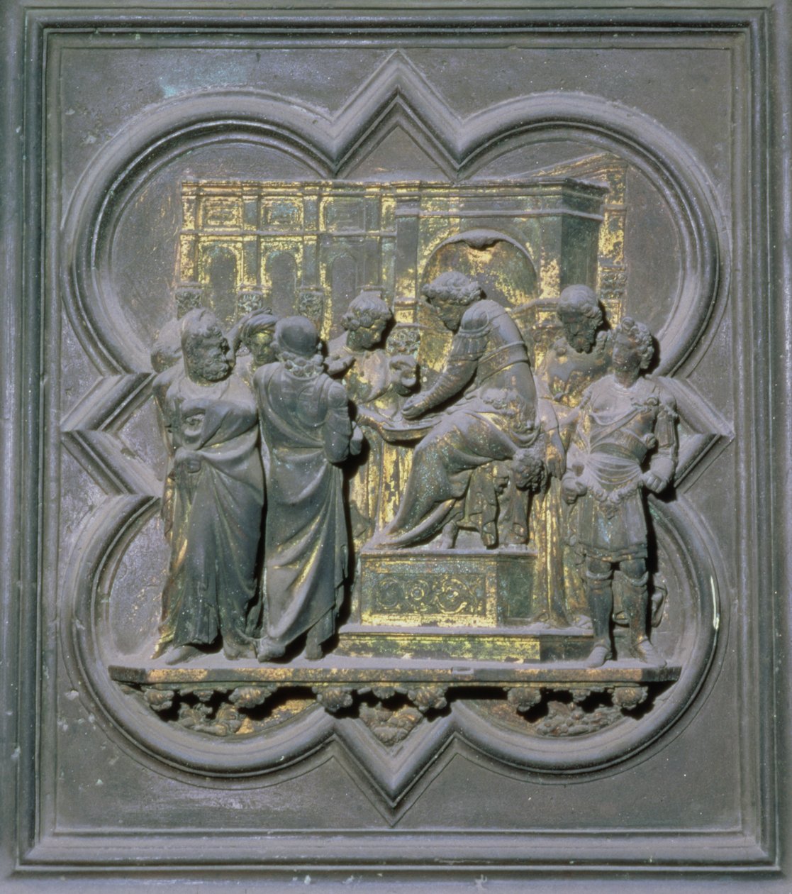 Pontius Pilatus tvättar händerna inför Kristus, sextonde panelen i den norra dörren i San Giovannis dopkapell, 1403-24 (brons) av Lorenzo Ghiberti
