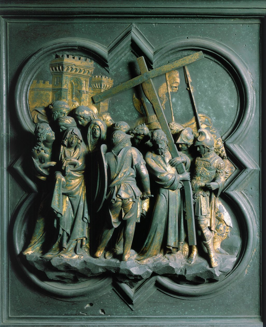 Porte Nord (kallad Porte de la Croix, i norr), exteriördetalj: "The Montee to Calvary"" Bronsskulptur gjord av Lorenzo Ghiberti (1378-1455) av Lorenzo Ghiberti