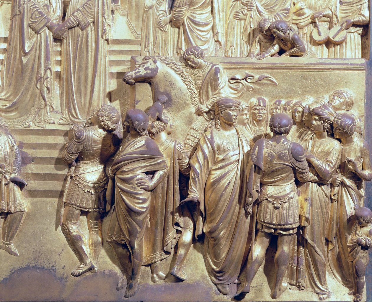 Mötet mellan kung Salomo och drottningen av Saba, detalj av skötarna, från originalpanelen från Baptisteriets östra dörrar, restaurering av förgylld bronsstolpe 1425-52 av Lorenzo Ghiberti