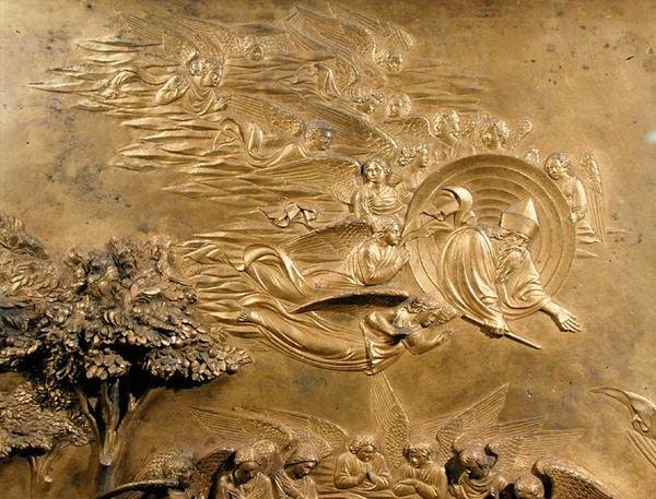 Berättelsen om Adam, detalj av Gud Fadern med änglar, från en av de ursprungliga panelerna från Baptisteriets östra dörrar av Lorenzo Ghiberti