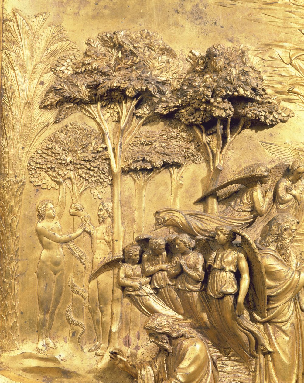 The Story of Adam, detalj av The Temptation of Adam and Eva, från en av de ursprungliga panelerna från East Doors of the Baptistery, 1425-52 restaurering av förgylld brons av Lorenzo Ghiberti
