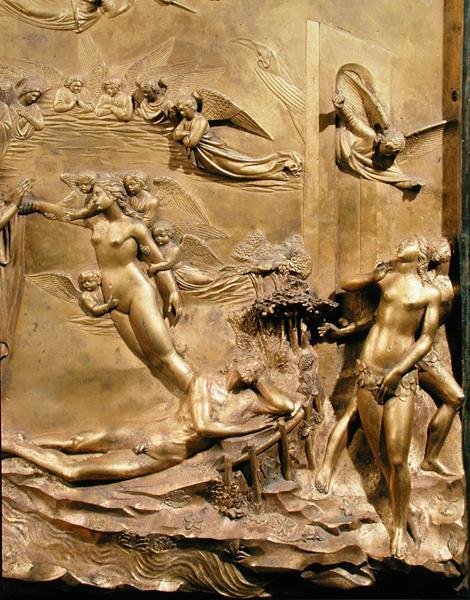 Berättelsen om Adam, detalj av Evas skapelse och Utdrivningen, från en av de ursprungliga panelerna från Baptisteriets östra dörrar av Lorenzo Ghiberti