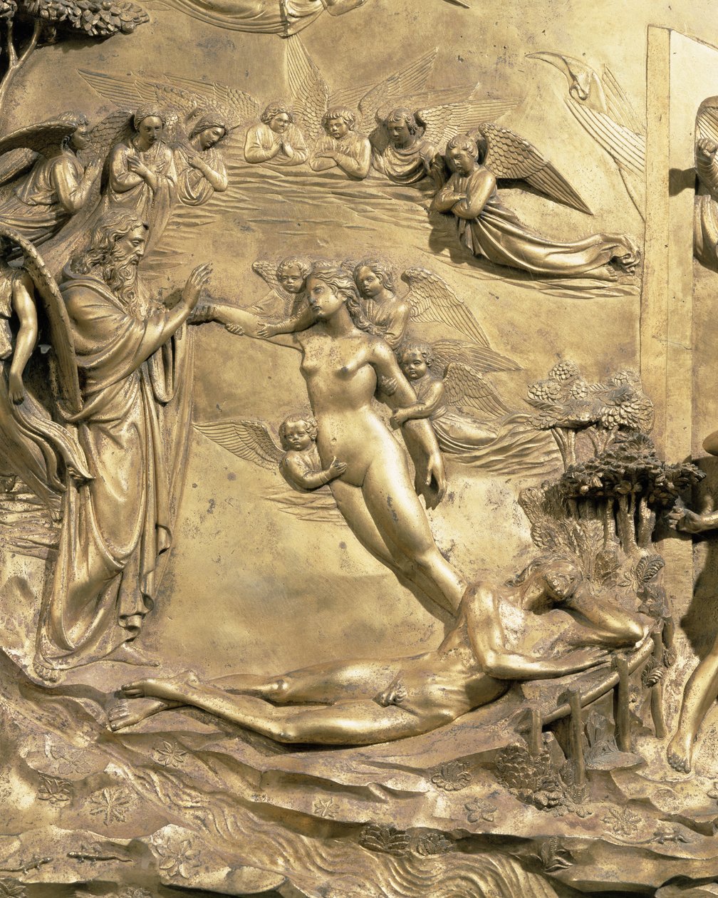 Berättelsen om Adam, detalj av Evas skapelse, från en av originalpanelerna från Baptisteriets östra dörrar, restaurering av förgylld bronsstolpe 1425-52 av Lorenzo Ghiberti