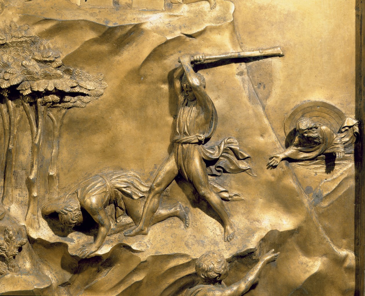 Berättelsen om Kain och Abel, detalj av dödandet av Abel, originalpanel från Baptisteriets östra dörrar, restaurering av förgylld bronsstolpe 1425-52 av Lorenzo Ghiberti