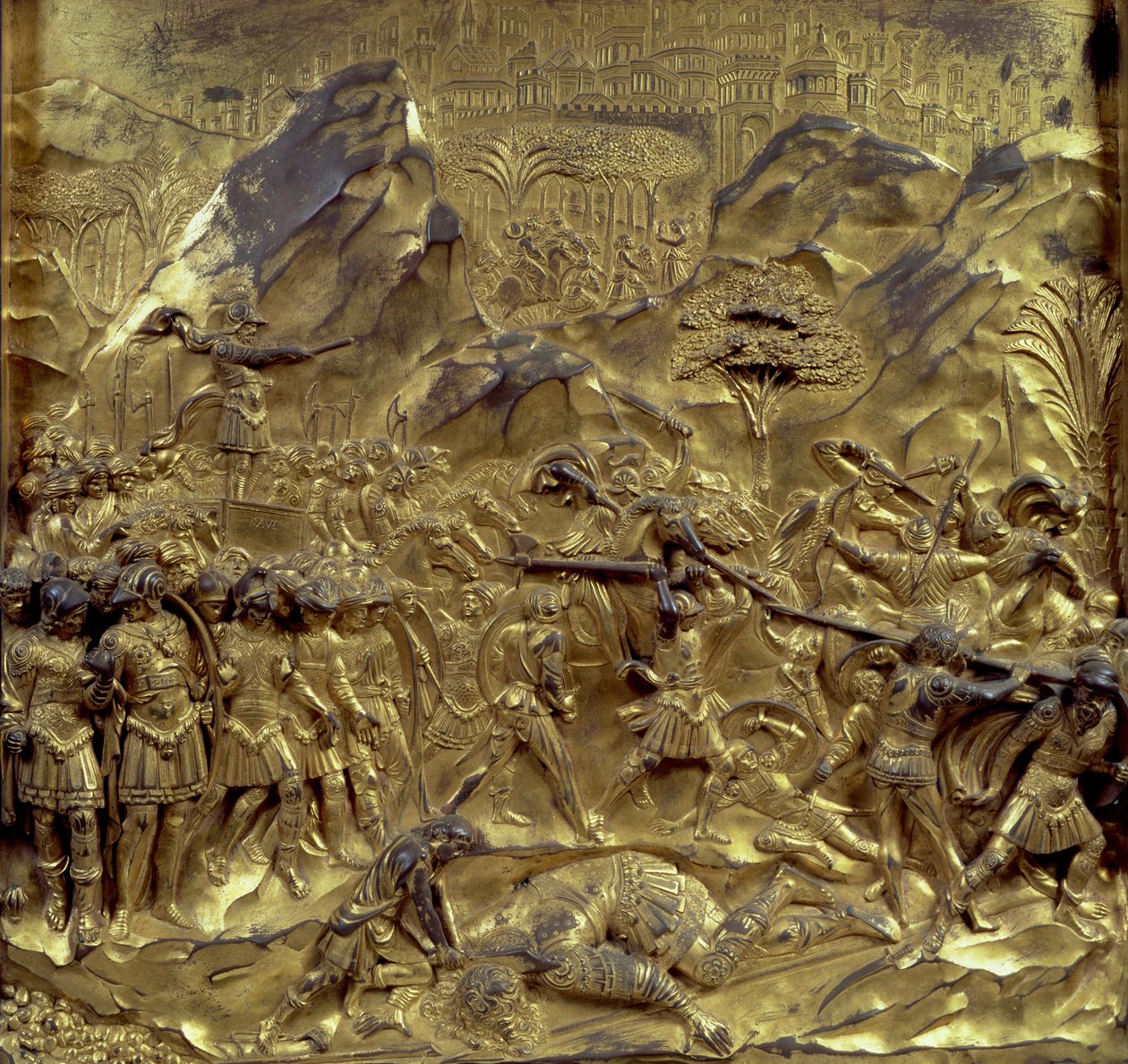 Historien om David och Goliat, en av tio reliefpaneler från Paradisets portar (östra dörrar), 1425-52 (förgylld brons) (se även 87652-59 och 87661-67) av Lorenzo Ghiberti