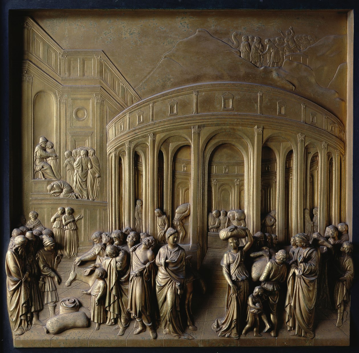 Berättelsen om Josef: Josef såldes till slaveri, The Finding of the Silver Cup och Joseph igenkänd av sina bröder, en av tio reliefpaneler från Gates of Paradise av Lorenzo Ghiberti