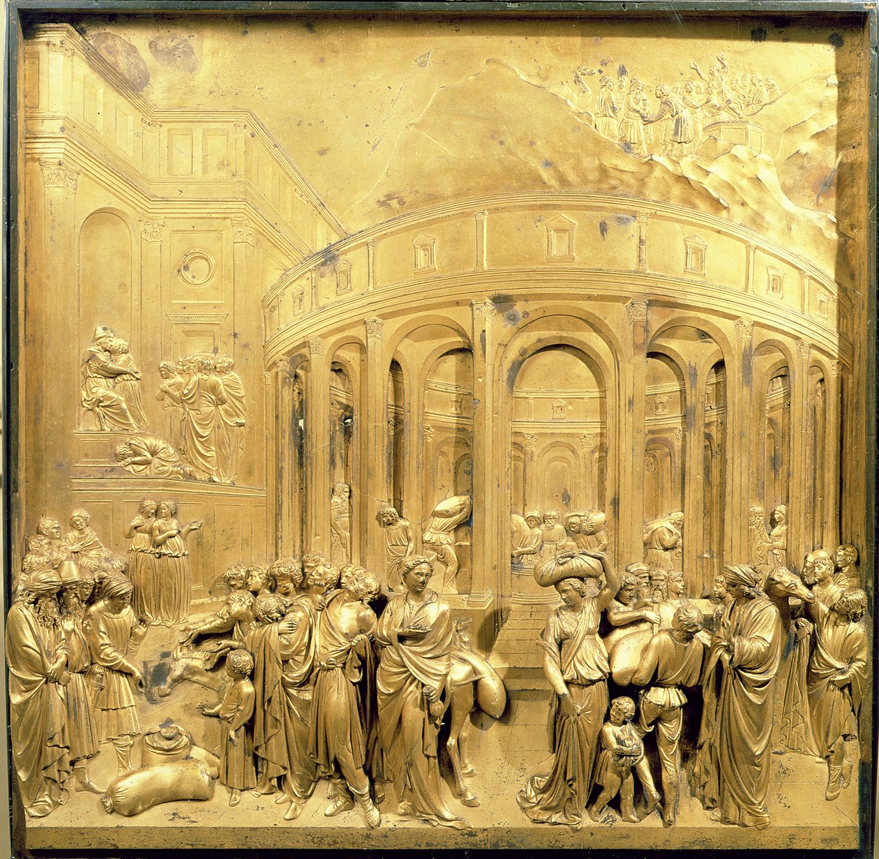 The Story of Joseph, originalpanel från the East Doors of the Baptistery, 1425-52 (förgylld brons) (efter restaurering) av Lorenzo Ghiberti