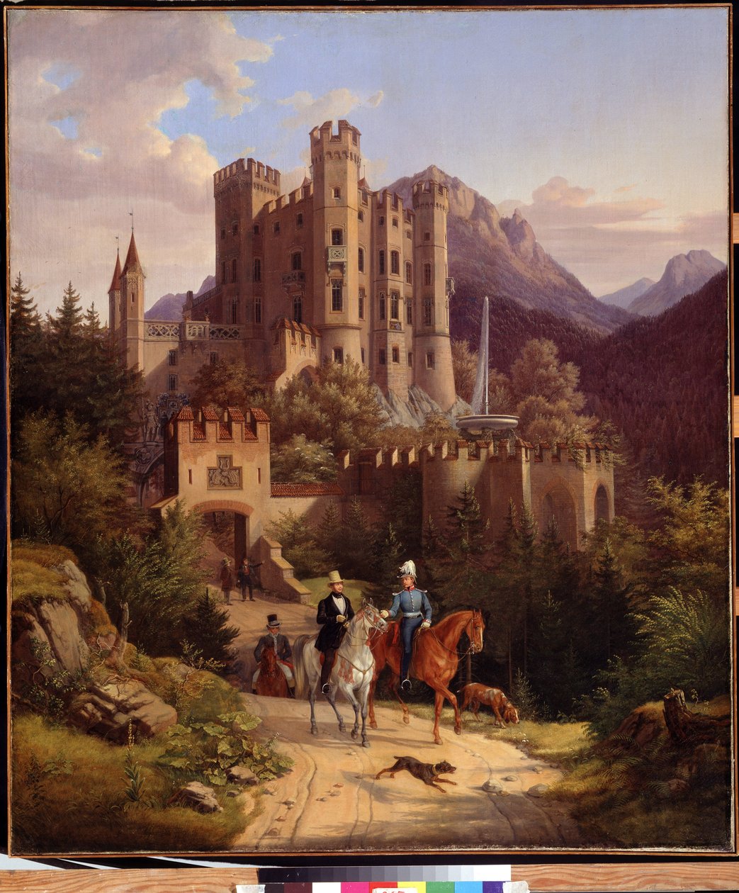 Le prince couronne Maximilien a cheval, Hohenschwangau (Kronprinsen Maximilian rider i Hohenschwangau). Maximilian II av Bayern (1811-1864) framför sitt slott Hohenschwangau i Bayern (Tyskland). Målning av Lorenzo II Quaglio (1793-1869) av Lorenzo II Quaglio