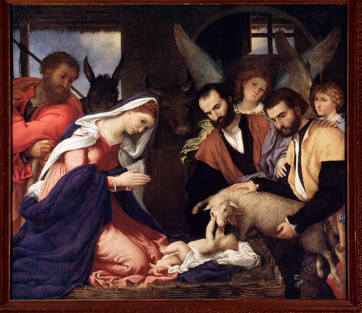 Tillbedjan av herdarna Jesusbarnet leker med ett får - olja på duk av Lorenzo Lotto