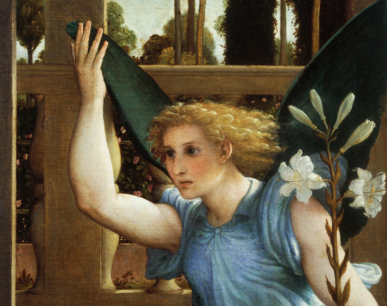 Annonserande ängel, detalj från tillkännagivandet, ca 1434, av Lorenzo Lotto (1480-1556), olja på duk av Lorenzo Lotto
