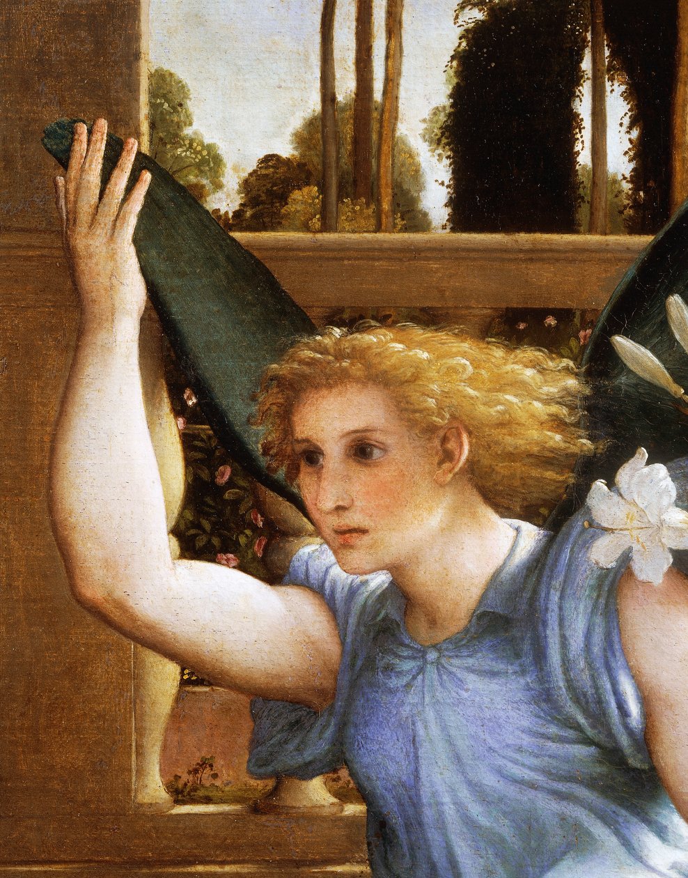 Annonserande ängel, detalj från tillkännagivandet, ca 1434, av Lorenzo Lotto (1480-1556), olja på duk av Lorenzo Lotto
