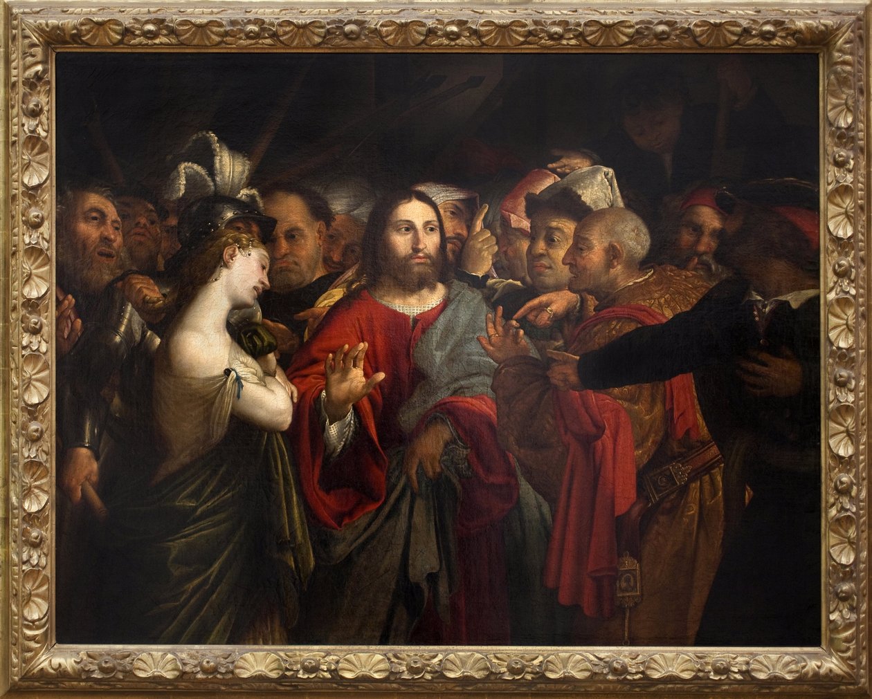 Kristus och äktenskaplig kvinna. Målning av Lorenzo Lotto (1480-1556), olja på duk av Lorenzo Lotto