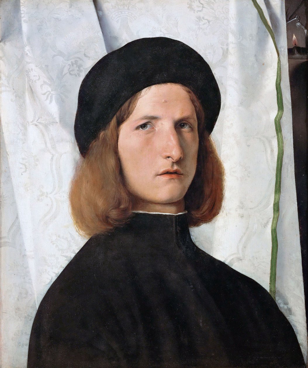 Tyska: Bildnis eines Jünglings vor weißem Vorhang Porträtt av en ung man med lampa av Lorenzo Lotto