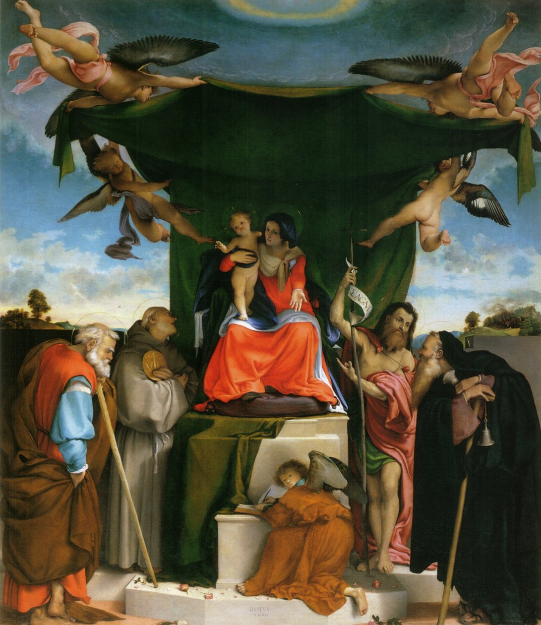 Tyska: Thronende Madonna, Engel und Heilige Madonna tronande med barn, änglar och helgon av Lorenzo Lotto
