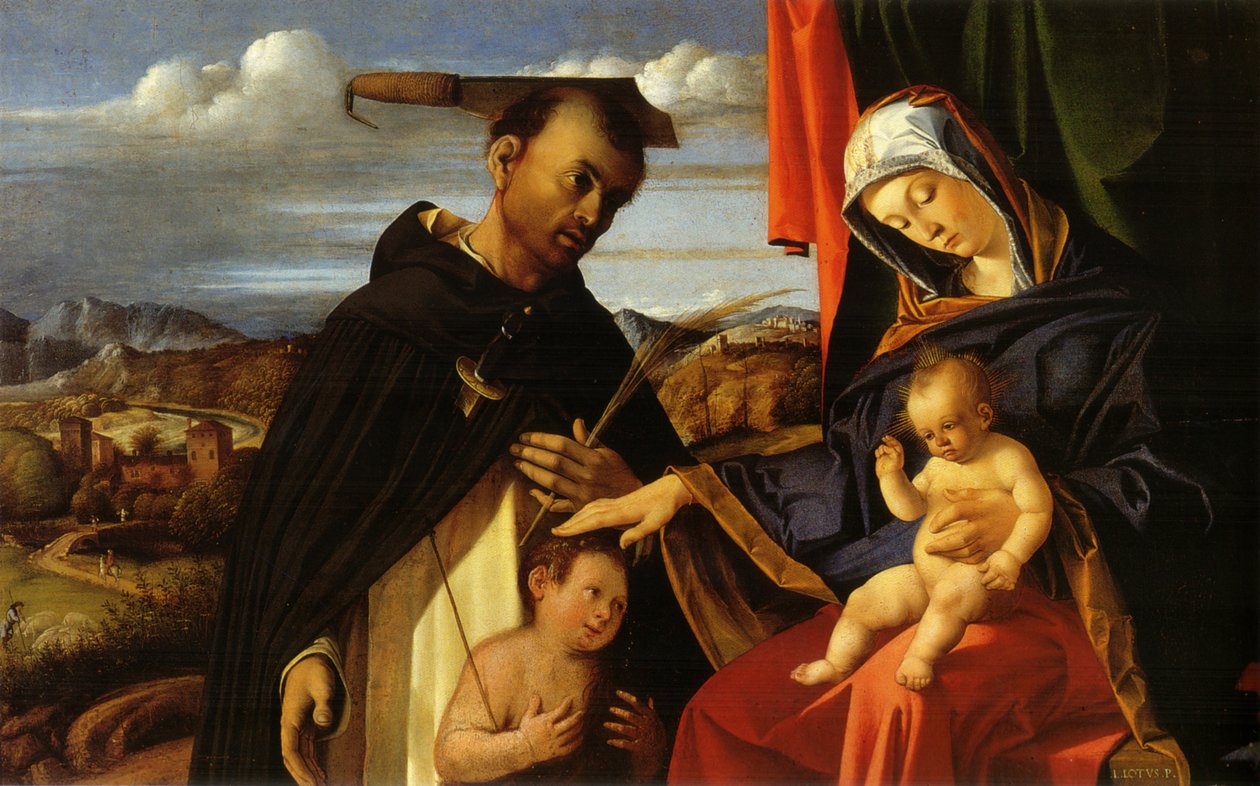 Italienska:  Madonna col Bambino e San Pietro Martire Madonna och barnet med den unge Johannes Döparen och Sankt Peter Martyr av Lorenzo Lotto