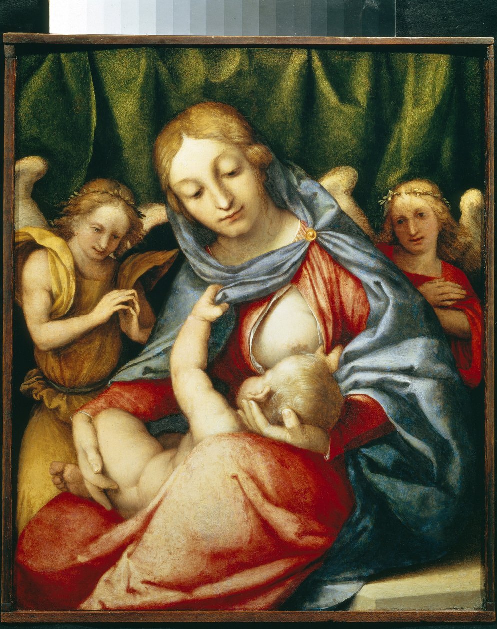 Jungfrun som diar. (Madonna Del latte). Målning av Lorenzo Lotto (1480-1556), olja på duk, cirka 1520. Italiensk konst (Venedig) av Lorenzo Lotto