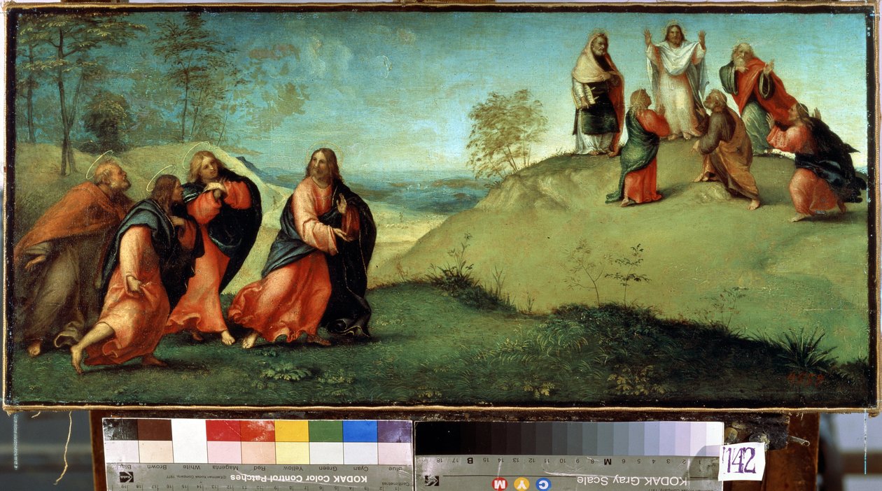 Kristus leder apostlarna till berget Tabor. Platsen för Kristi förvandling i Israel. Målning av Lorenzo Lotto (1480-1556) av Lorenzo Lotto