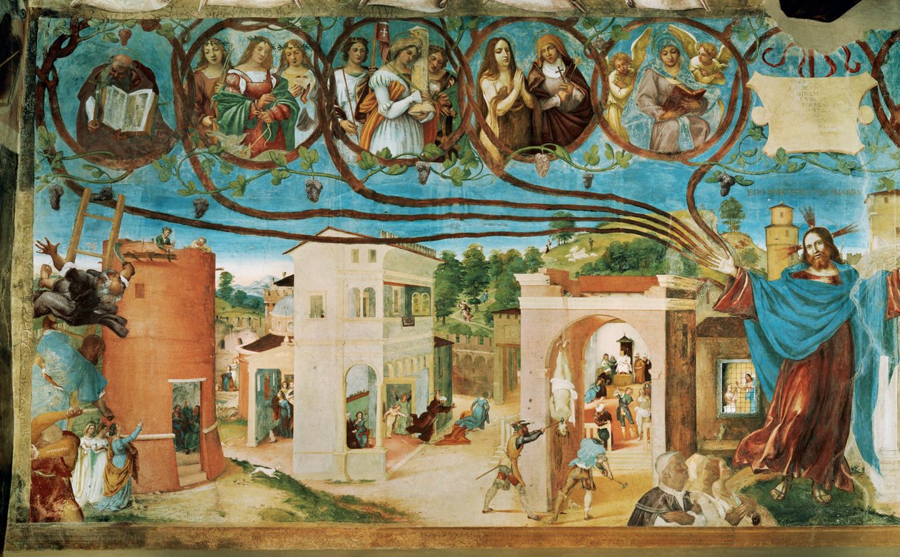 Vänster sida av Capella Suardi, kyrkan Santa Barbara i Bergamo ... (muralmålning) av Lorenzo Lotto