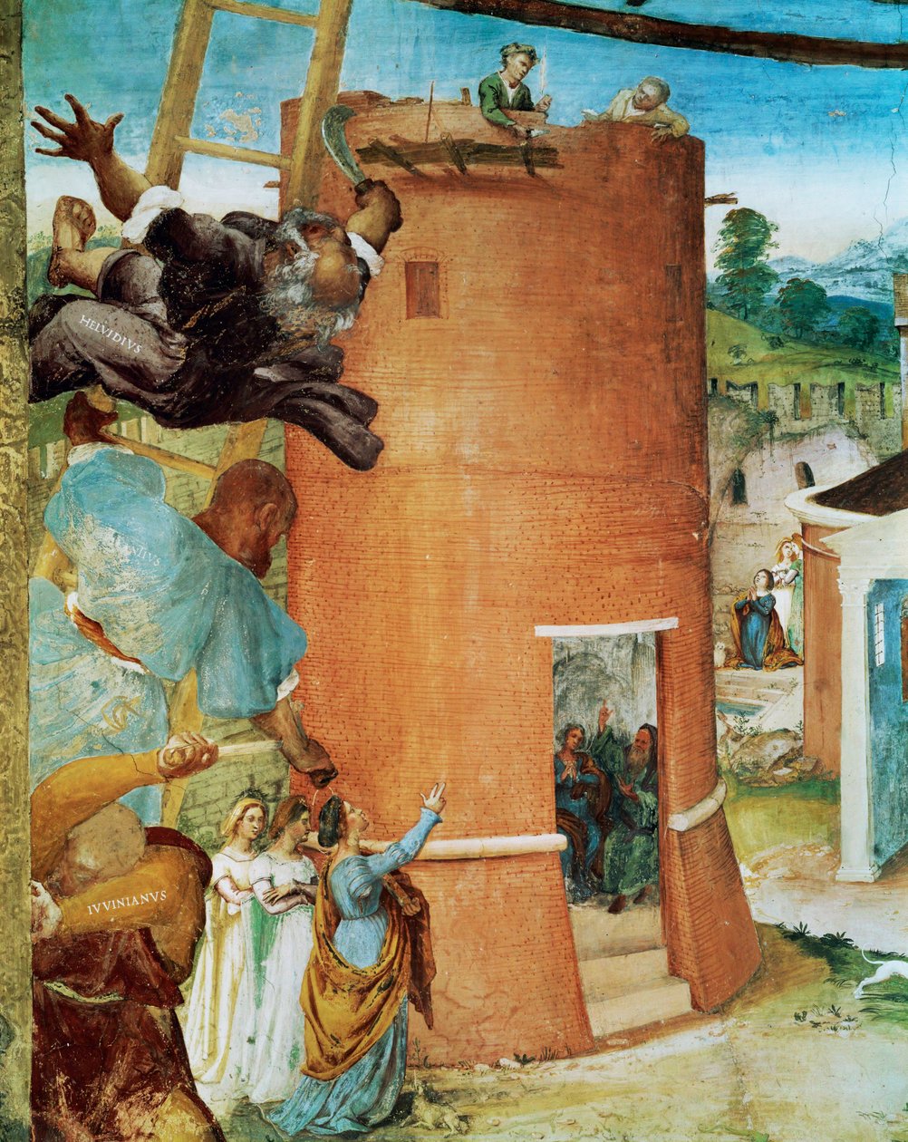 Vänster sida av Capella Suardi, kyrkan Santa Barbara i Bergamo ... (muralmålning) av Lorenzo Lotto