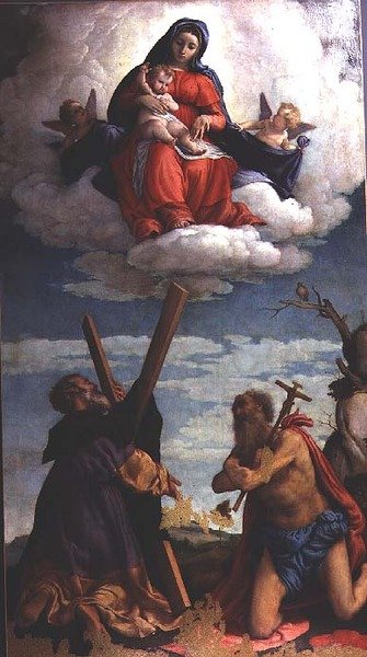 Madonna and Child in Glory med St. Andrew och St. Jerome av Lorenzo Lotto
