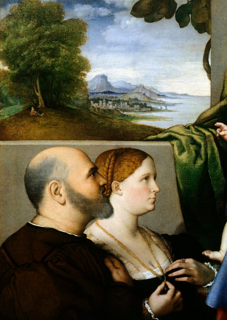 Madonna och barn med två givare, av Lorenzo Lotto (1480 ca- 1556), olja på duk, 857x1155 cm, detalj av Lorenzo Lotto