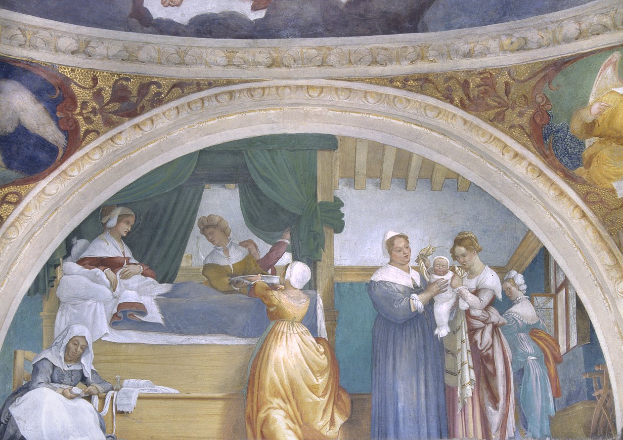 Jungfruns födelse, lunett från Lottokapellet, 1525 av Lorenzo Lotto