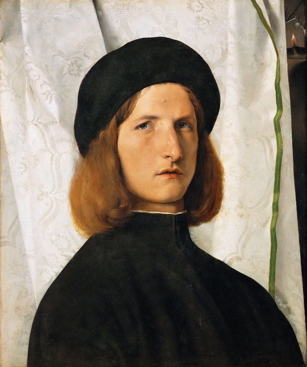 Renässans: Porträtt av en ung man mot en vit gardin par Lotto, Lorenzo (1480-1556), c.1508. Olja på trä, 42,3x35,3. Konsthistoriska museet, Vienne av Lorenzo Lotto