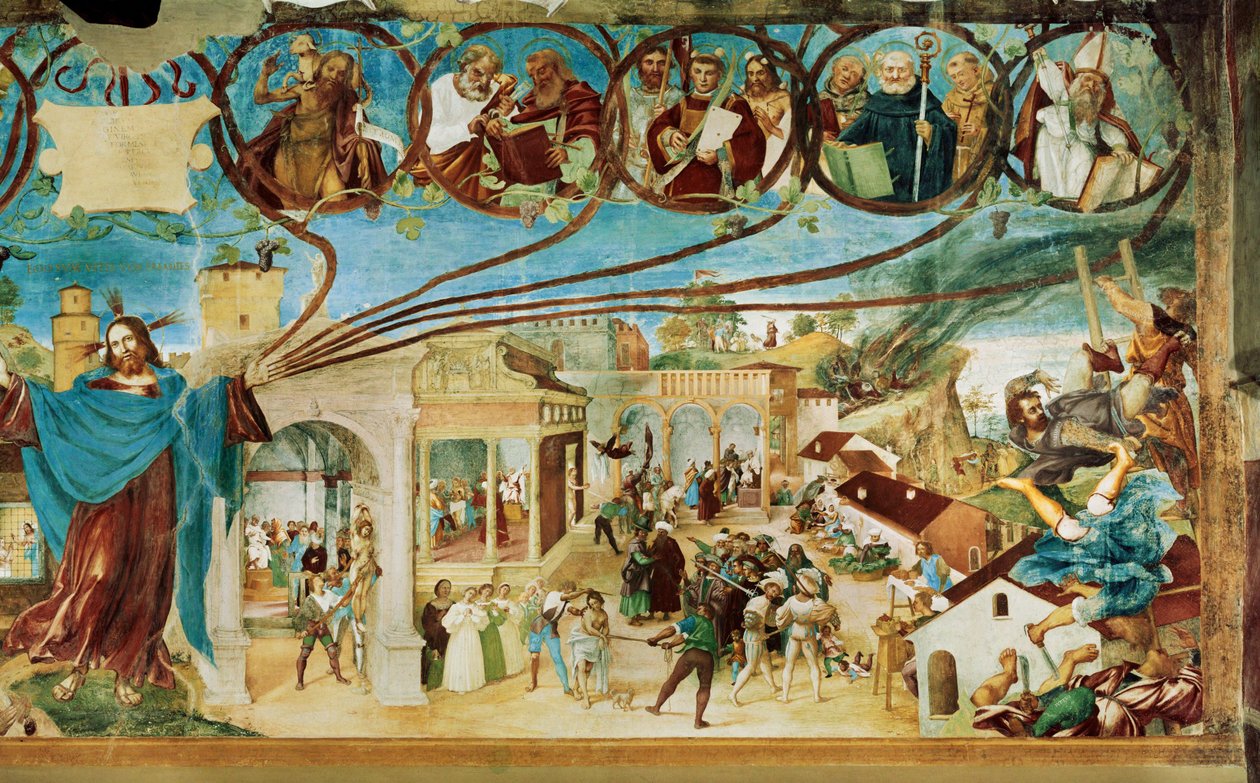 Högra sidan av Capella Suardi, kyrkan Santa Barbara i ... (muralmålning) av Lorenzo Lotto