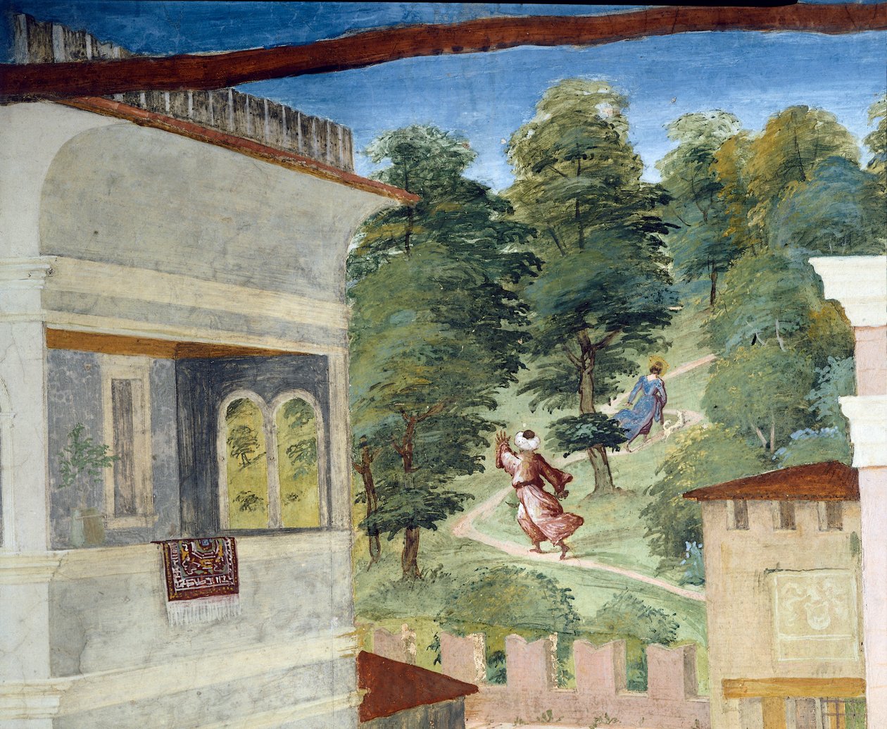 Sankta Barbara jagas genom skogen, Christ-Vine och Legend of Saint Barbara av Lorenzo Lotto (ca 1480 - 1556), fresk, detalj Villa Suardi, Suardi Chapel, Trescore Balneario, Italien av Lorenzo Lotto