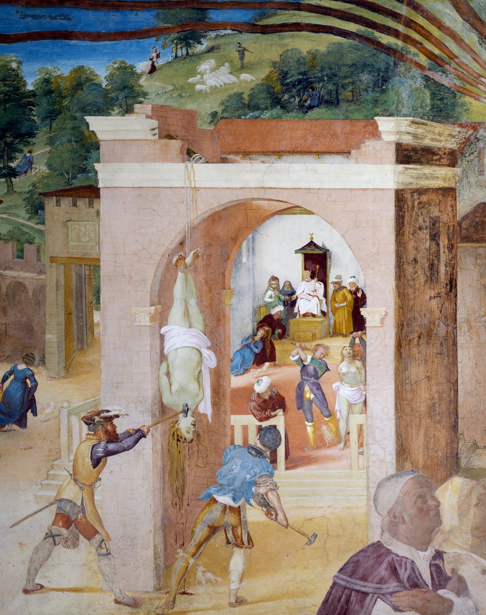 Santa Barbara står inför rätta inför magistraten Martian som ger order om att tortera henne, detalj från Stories of Saint Barbara av Lorenzo Lotto