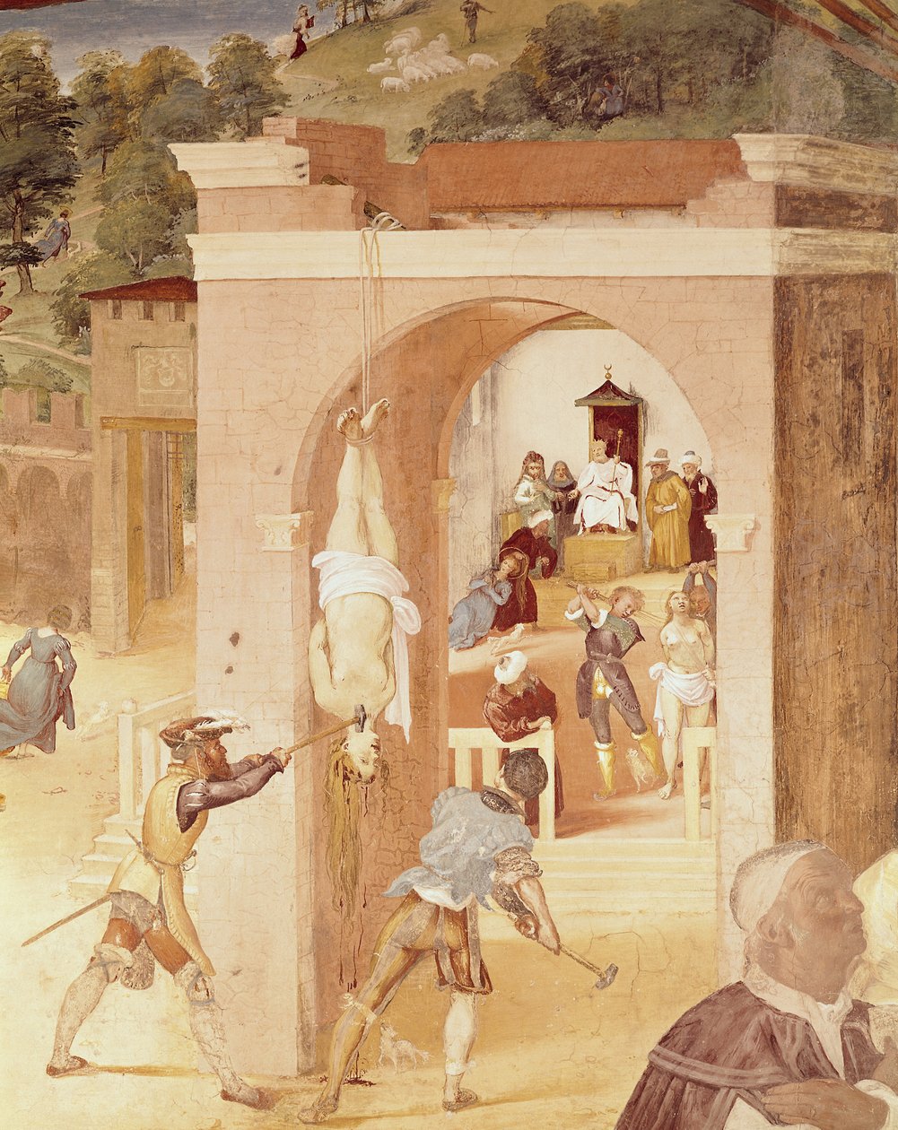 Scener från St. Barbaras liv, detalj av St. Barbara överlämnades till den romerske prelaten, Marcian, och sedan torterades, 1523-24 av Lorenzo Lotto