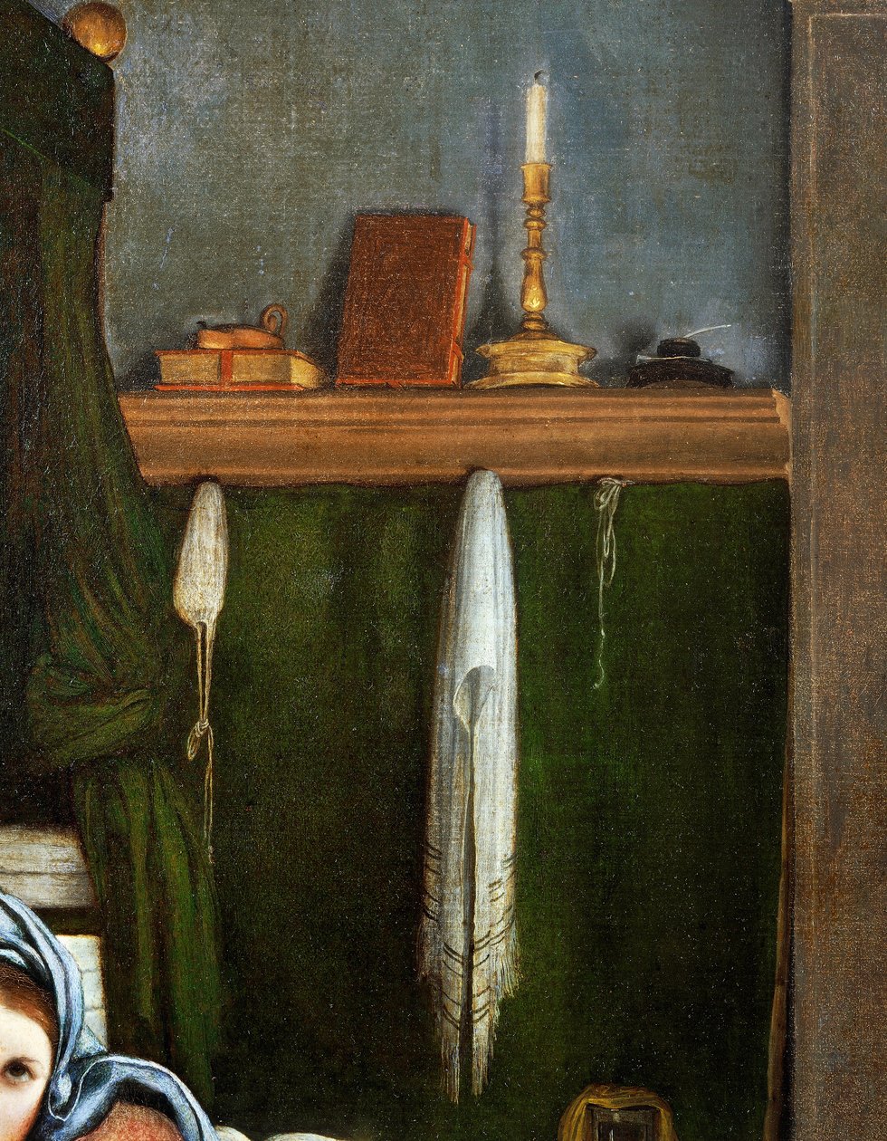 Hylla med kandelabrar och böcker, detalj från bebådelsen, ca 1434, av Lorenzo Lotto (1480-1556), olja på duk av Lorenzo Lotto
