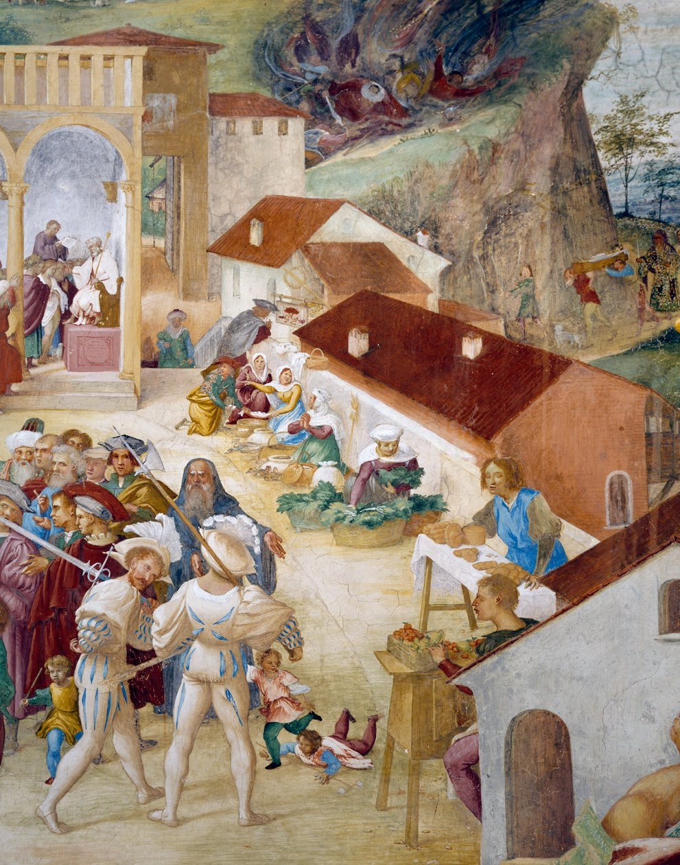 Soldater, vanliga människor och marknad, detalj från Stories of Saint Barbara av Lorenzo Lotto