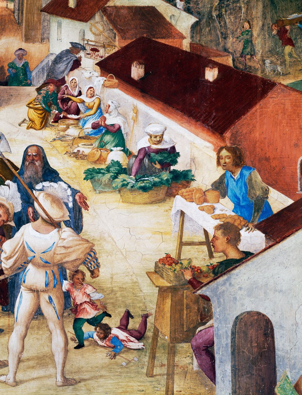 Soldater, bönder och marknad, detalj från Stories of Saint Barbara av Lorenzo Lotto