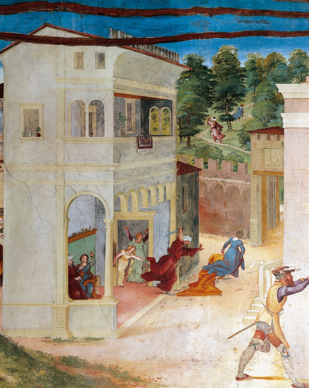 St Barbara attackerad av sin far, detalj från Christ-Vine and Legend of Saint Barbara av Lorenzo Lotto (cirka 1480 - 1556), fresk, detalj, Villa Suardi, Capella Suardi, Trescore Balneario av Lorenzo Lotto