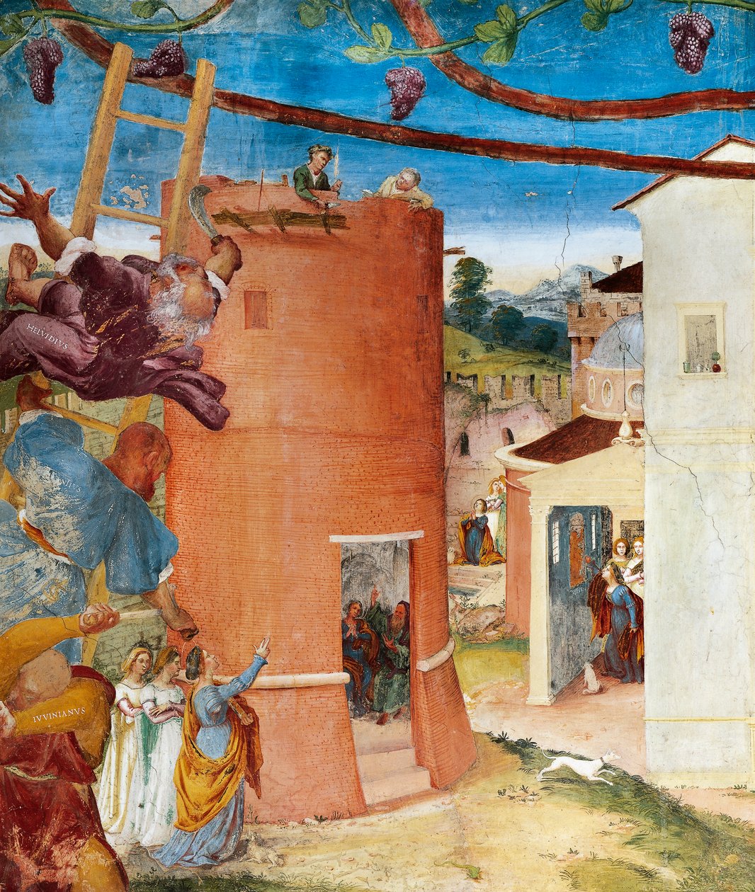St Barbara i tornet, detalj från Christ-Vine and Legend of Saint Barbara av Lorenzo Lotto (cirka 1480 - 1556), fresk, detalj, Villa Suardi, Capella Suardi, Trescore Balneario av Lorenzo Lotto