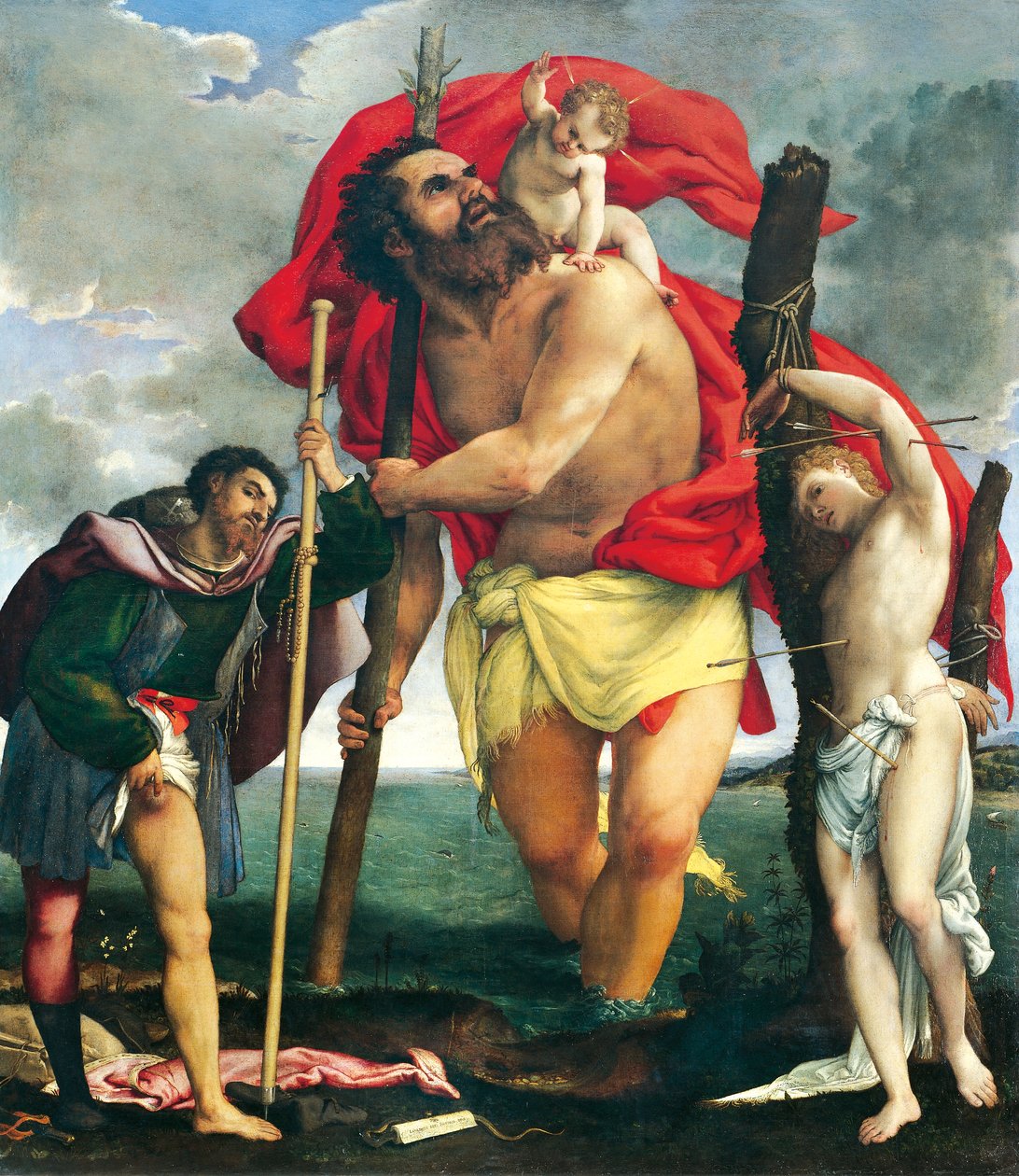 St Christopher mellan Saints Rocco och Sebastian av Lorenzo Lotto