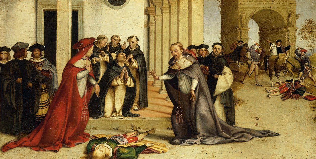 St Dominic resurrecting Napoleone Orsini av Lorenzo Lotto (1480 ca 1556), olja på panel, 51,8x97,5 cm av Lorenzo Lotto