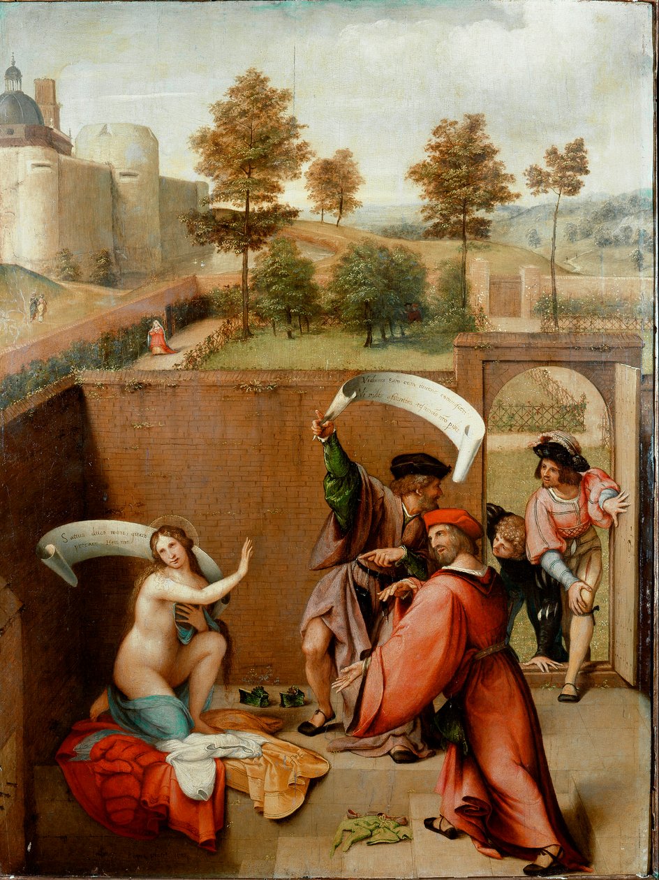 Suzanne i badet eller ”Suzanne och de äldre”. Karaktärerna använder phykacteres eller skrivs deras texter. Målning av Lorenzo Lotto (1480-1556) 1517. Galleria degli Uffizi (kontor) Florens av Lorenzo Lotto